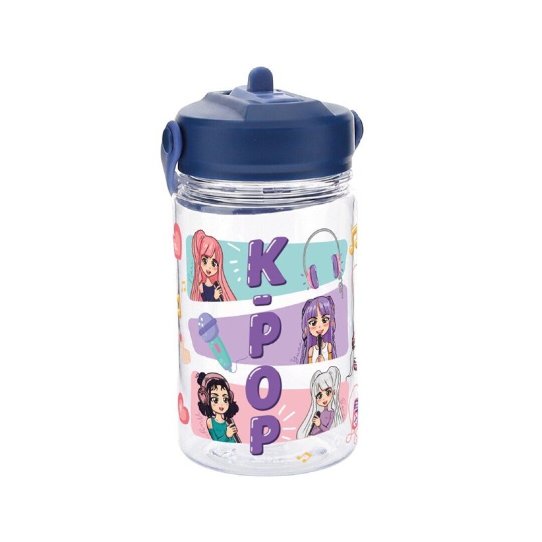 V42G00020251 BOTELLA TRITAN 350ML CON TAPÓN INFANTIL CON PAJITA DARK BLUE K-POP LOVELY STORY - Imagen 1