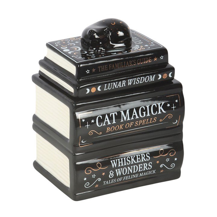 MK_57927,1 QUEMADOR DE ACEITE BLACK CAT BOOK STACK CON FORMA DE GATO ST - Imagen 1