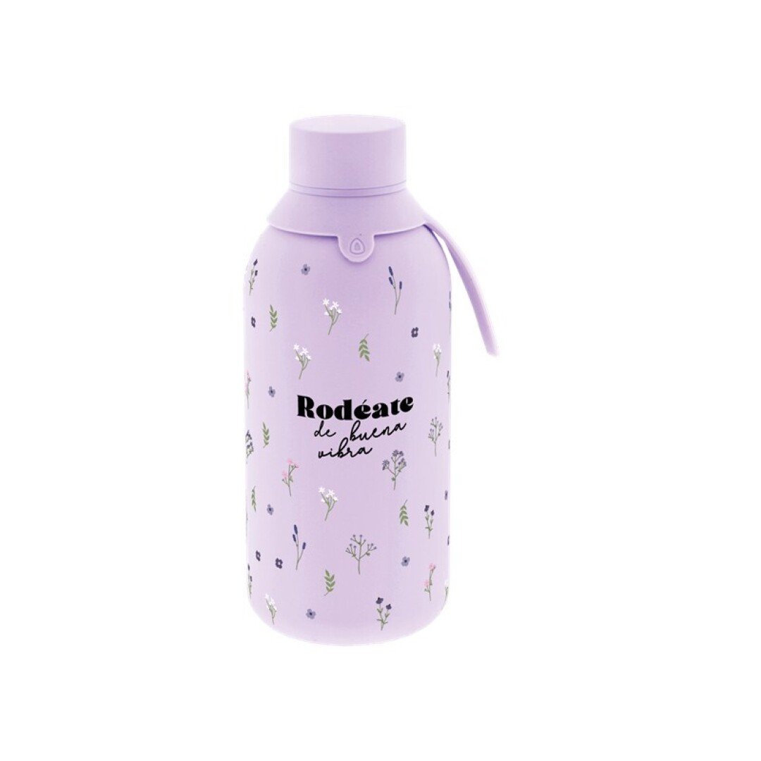 V42G00018674 BOTELLA TÉRMICA DOS TAPAS HERMÉTICAS 500ML LILA RODEATE DE BUENA VIBRA LOVELY ST - Imagen 1