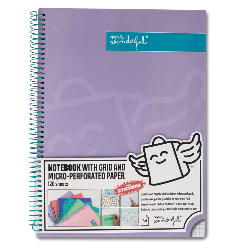 1c5866ab58ba286ec0f7b3363e15d3df LIBRETA A4 LILA 120 HOJAS - CUADRICULADA Y MICROPERFORADA MR WONDERFUL - Imagen 1