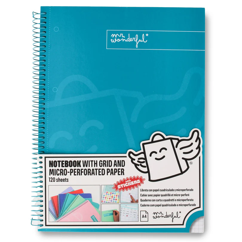 f5c422af0893e58bb735d61dab778df8 LIBRETA A4 TURQUESA 120 HOJAS - CUADRICULADA Y MICROPERFORADA MR WONDERFUL - Imagen 1